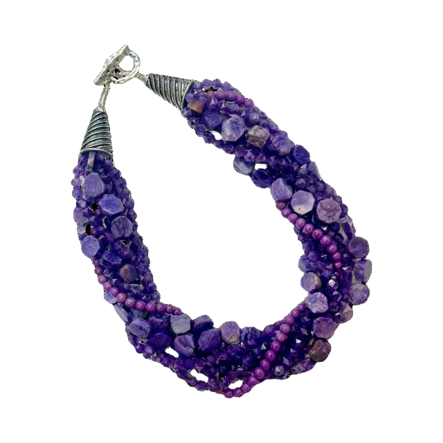 multi-strand necklace of amethyst, charoite and phosphosiderite with a silver-plated clasp