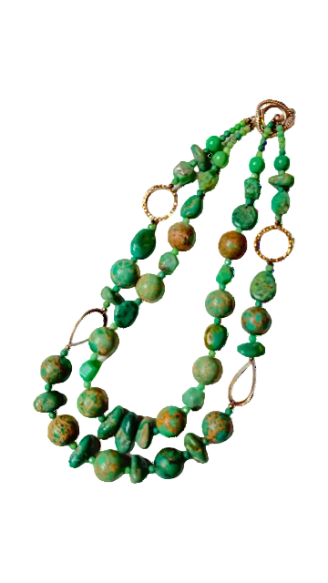 A double-strand necklace featuring a combination of turquoise, variscite, and chrysoprase gemstones.