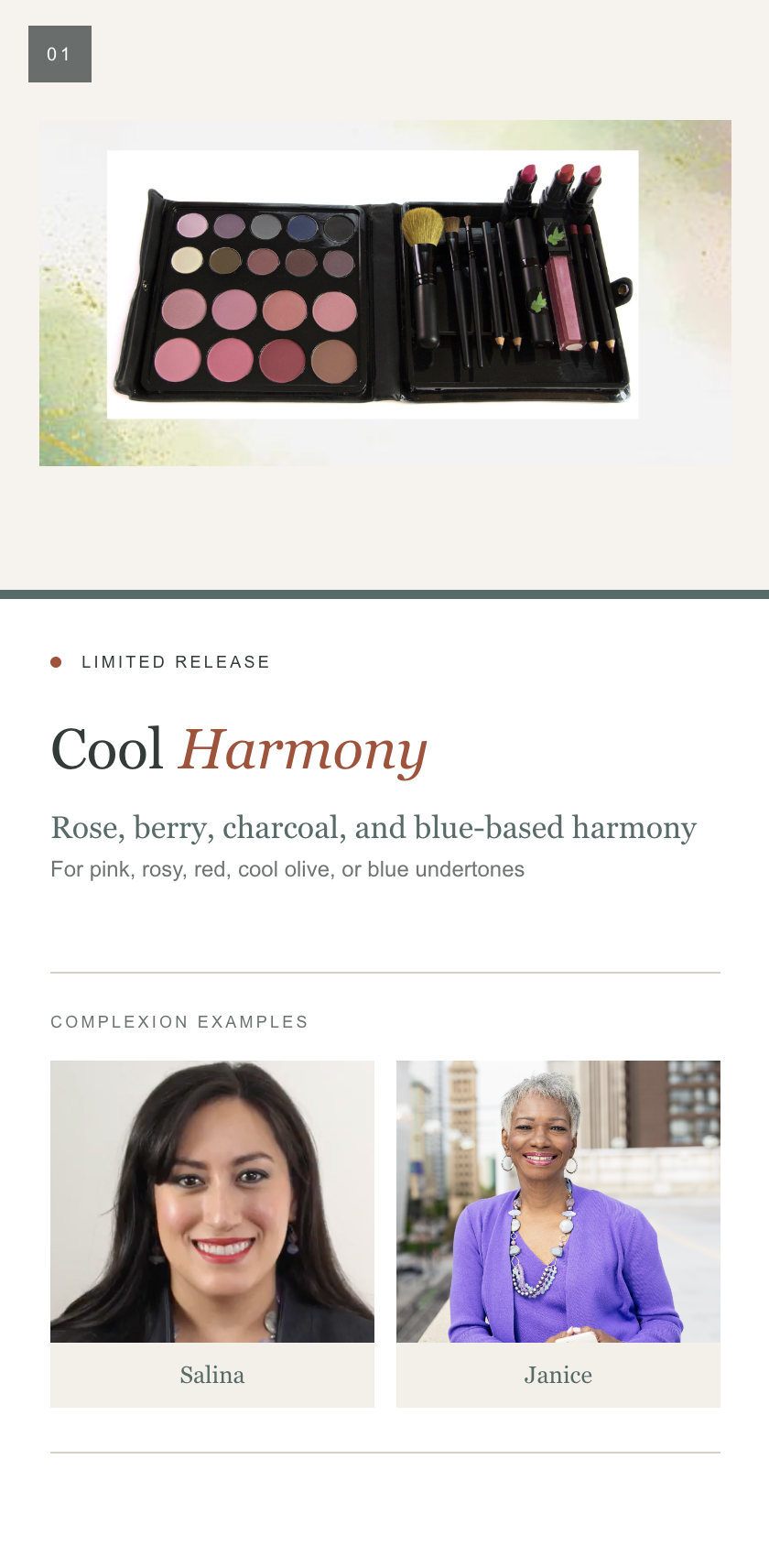 A makeup palette set shown open on a light background, with multiple eyeshadow pans in pink, berry, charcoal, and blue tones, plus brushes and lip products. Below, text reads 'Cool Harmony' and describes the palette as rose, berry, charcoal, and blue-based harmony, with example model photos labeled Salina and Janice.