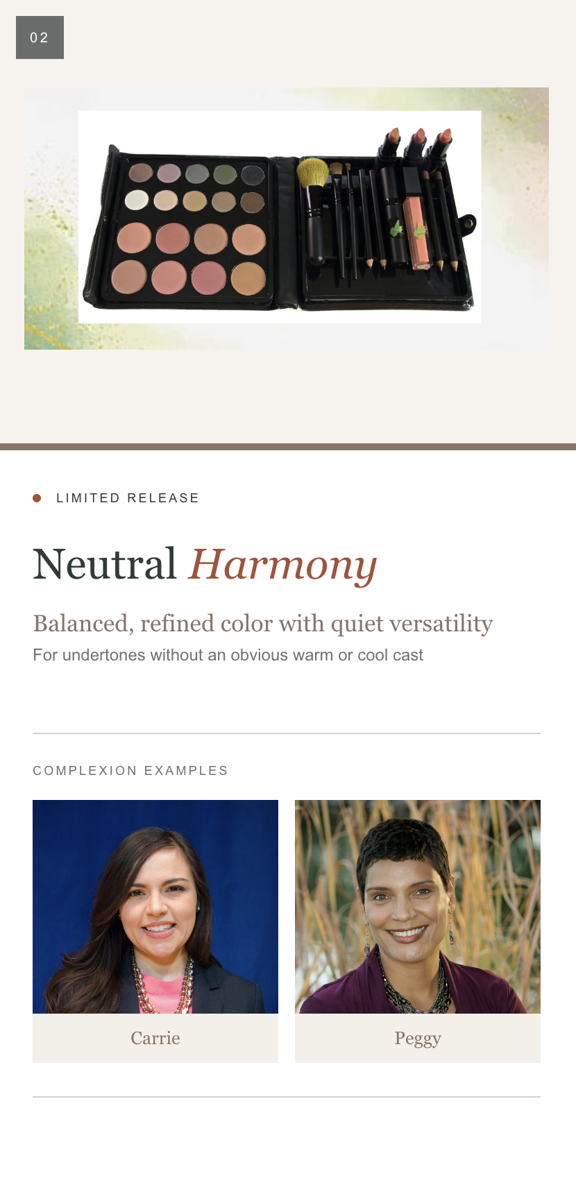 A product listing page showing a makeup palette labeled 'Neutral Harmony' with text describing its balanced, refined color story. Below the product photo are two example model portraits labeled Carrie and Peggy.