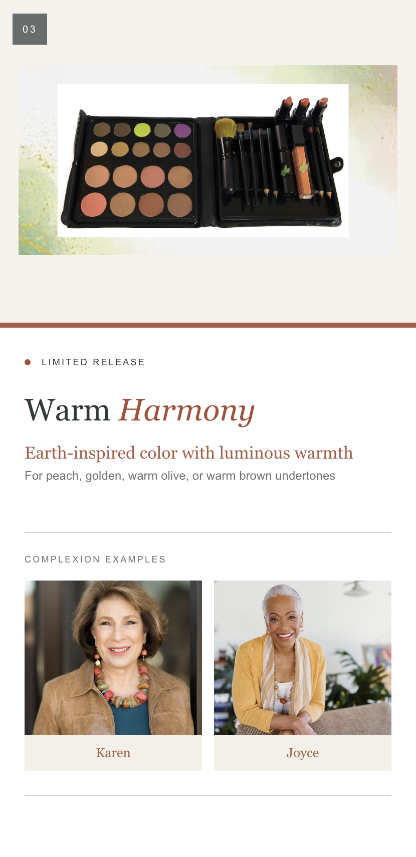 A makeup palette set shown open on a light beige page with text reading 'Warm Harmony' and 'Earth-inspired color with luminous warmth,' plus two example model portraits labeled Karen and Joyce.