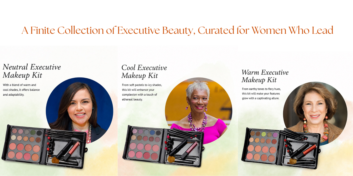 A promotional banner for three executive makeup kits: Neutral Executive, Cool Executive, and Warm Executive. The image features three circular portraits of women (one young woman, one older woman, and one woman with grey hair) alongside open makeup palettes containing eyeshadows, blush, and brushes.