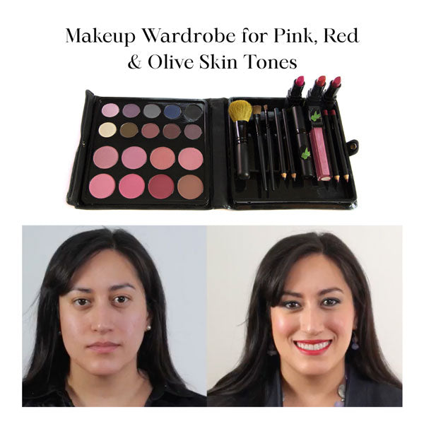 Rhoda Design Group Trademarked Cool Executive Makeup Kit with a coordinated colors, mascara and brushes, shown on a woman with a cool  skin tone.