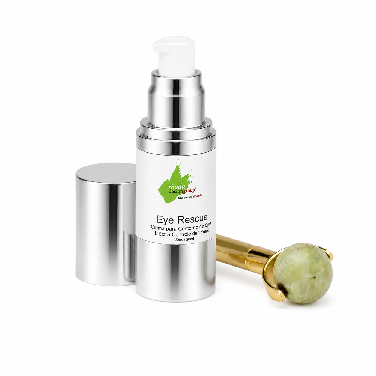 An eye cream pump bottle labeled 'Eye Rescue' by Rhoda Design Group, shown with its silver cap off and a gold-handled jade roller resting beside it on a clean white background.