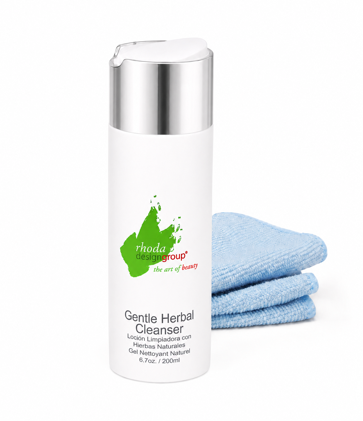 A white bottle of Rhoda Design Group Gentle Herbal Cleanser with a silver cap, shown next to a stack of two light blue microfiber cloths on a white background.