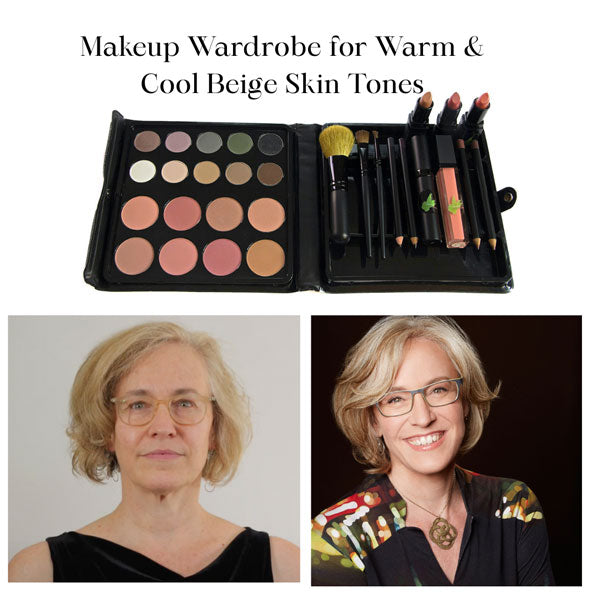 Rhoda Design Group Trademarked Neutral Executive Makeup Kit with a coordinated colors, mascara and brushes, shown on a woman with a neutral skin tone.