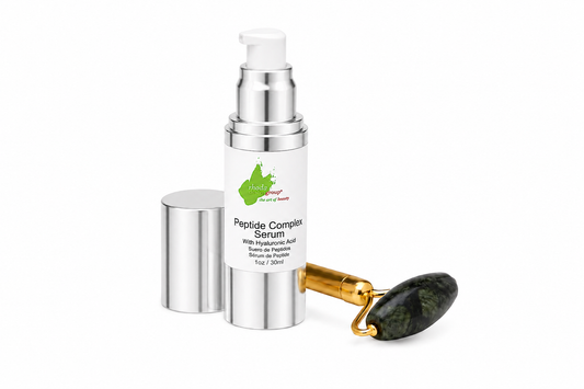 A Rhoda Design Group skincare product set on a white background, featuring a silver pump bottle labeled 'Peptide Complex Serum' with its cap removed, and a facial roller tool with a dark green stone roller and gold handle.