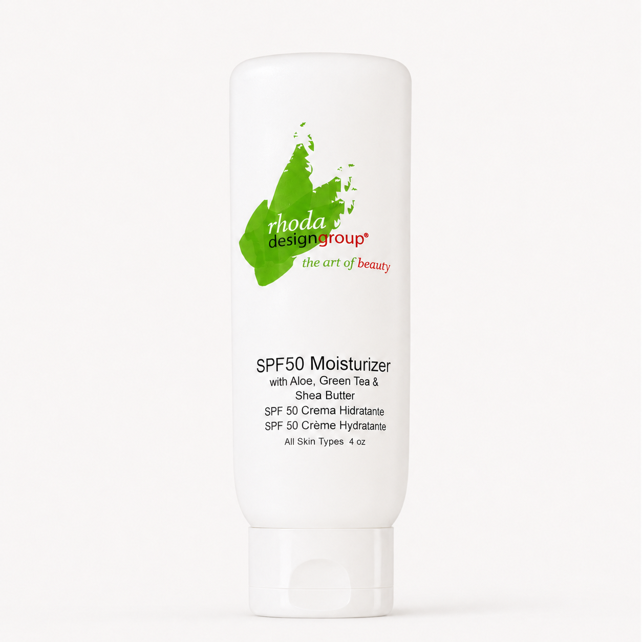 A white squeeze tube of Rhoda Design Group SPF50 Moisturizer with Aloe, Green Tea & Shea Butter, featuring a green and red logo on a clean white background.