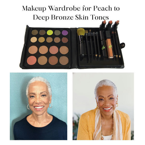 Rhoda Design Group Trademarked Warm Executive Makeup Kit with a coordinated colors, mascara and brushes, shown on a woman with a warn skin tone.