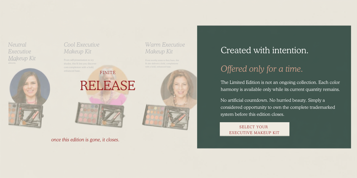 A promotional graphic for a limited-edition makeup kit. The left side shows three color variants (Neutral, Cool Executive, and Warm Executive) with circular photos of a woman and makeup palettes.